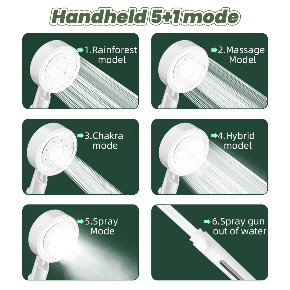 6 Modes High Pressure Shower Heads One-key Stop Water Cotton Filter