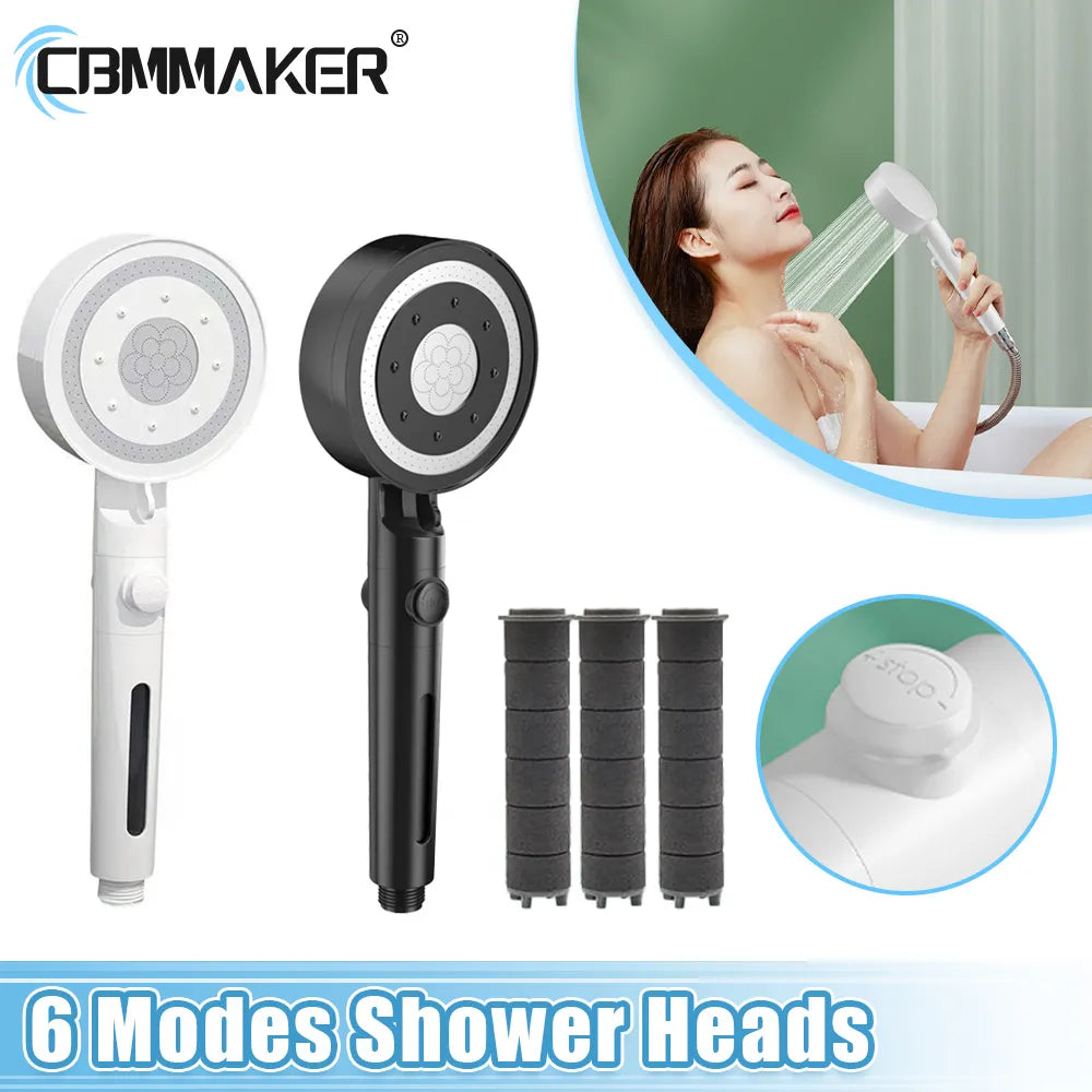 6 Modes High Pressure Shower Heads One-key Stop Water Cotton Filter